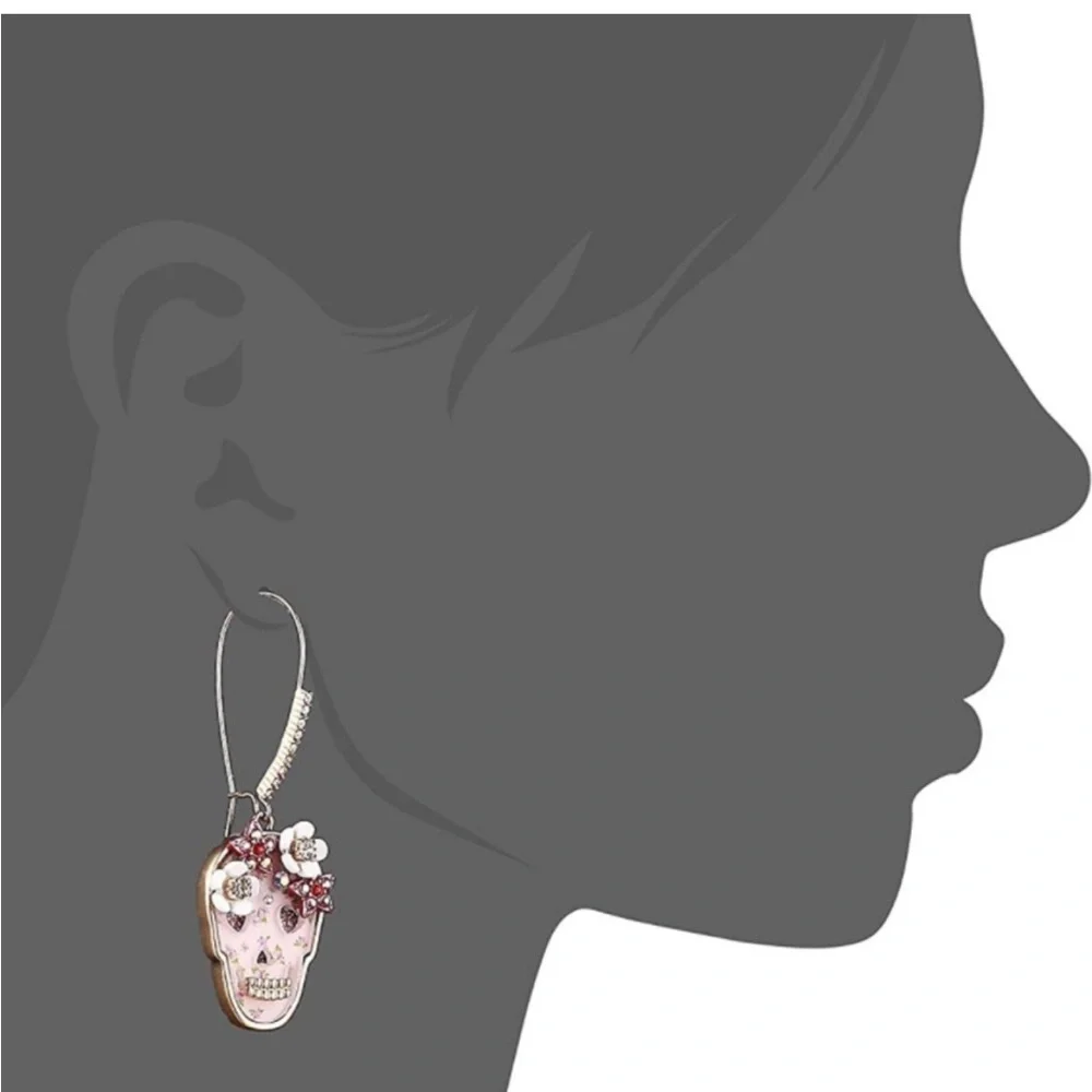 Betsey Johnson Sugar Skull Drop Earrings Rhinestone Floral NWT